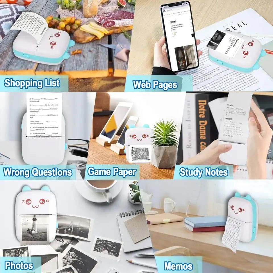 Meow Pocket Printer, Mini Bluetooth Photo Printer, Pocket Printer With Thermal Paper Roll, Wireless Mini Printer For Memo Receipt Label Notes, Thermal Printer Compatible with Android or iOS APP, Smart Thermal Inkless Printer
