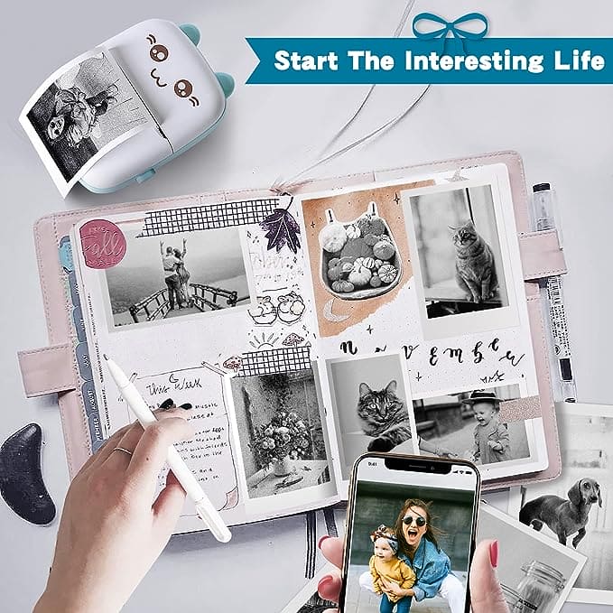 Meow Pocket Printer, Mini Bluetooth Photo Printer, Pocket Printer With Thermal Paper Roll, Wireless Mini Printer For Memo Receipt Label Notes, Thermal Printer Compatible with Android or iOS APP, Smart Thermal Inkless Printer