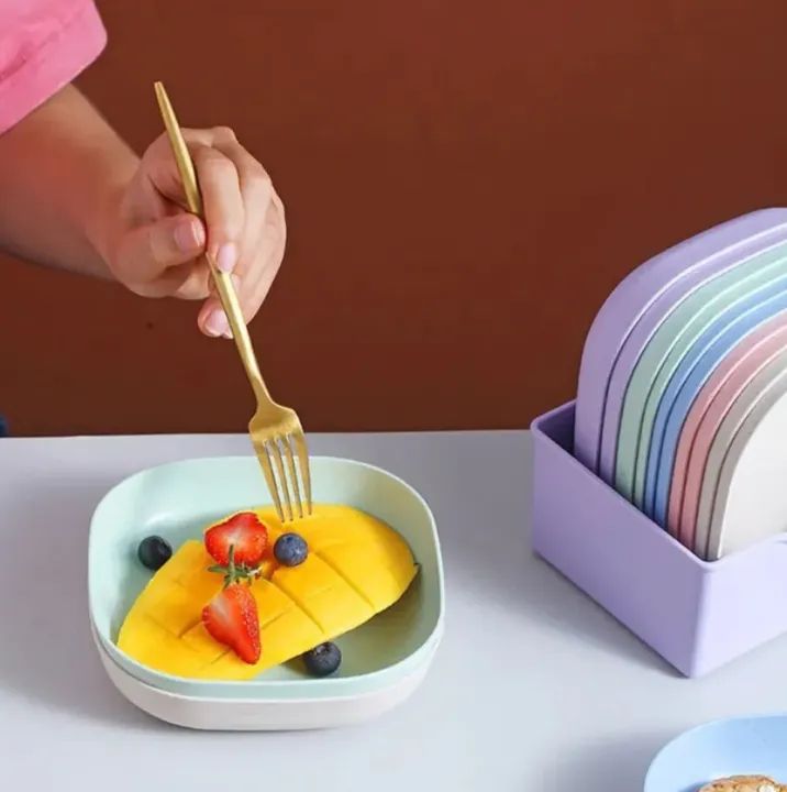 Kitchen Accessories Square Plastic Dinner Plate Set (Set of 10 Pcs) Colorful Snacks/Breakfast Plate with Stand Kitchen Tools - 10Pcs - MultiColor