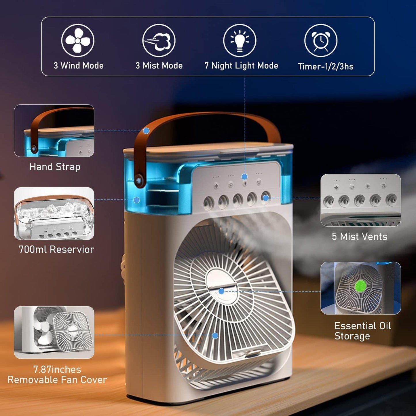 Portable USB Air Conditioner Fan with LED Night Light, Fine Mist, & Humidifier