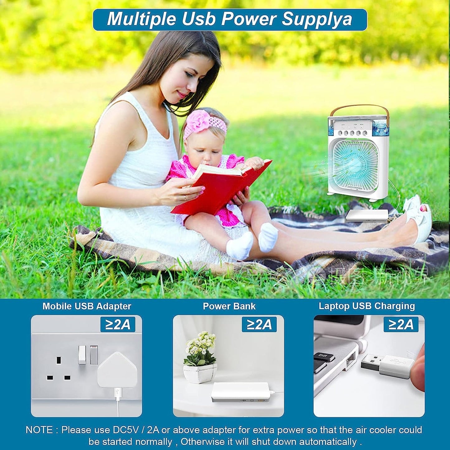 Portable USB Air Conditioner Fan with LED Night Light, Fine Mist, & Humidifier