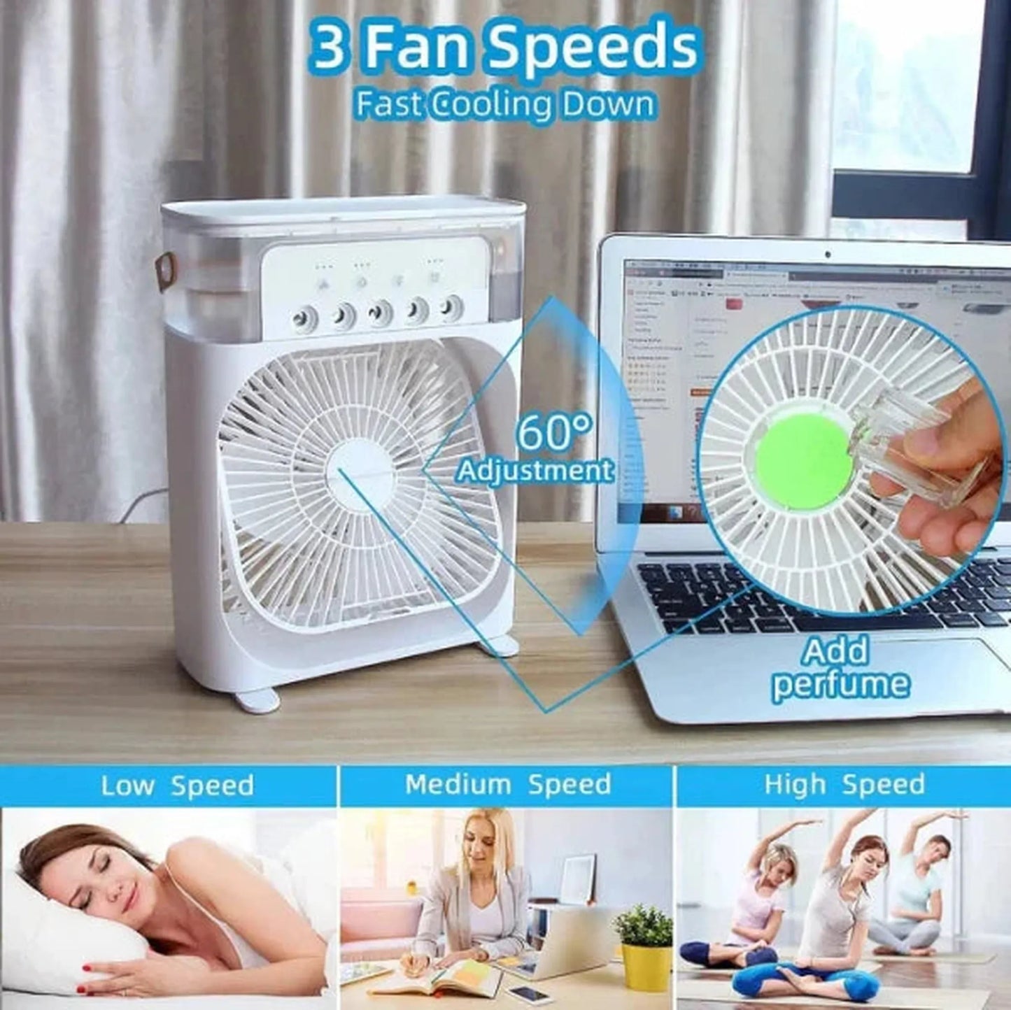 Portable USB Air Conditioner Fan with LED Night Light, Fine Mist, & Humidifier