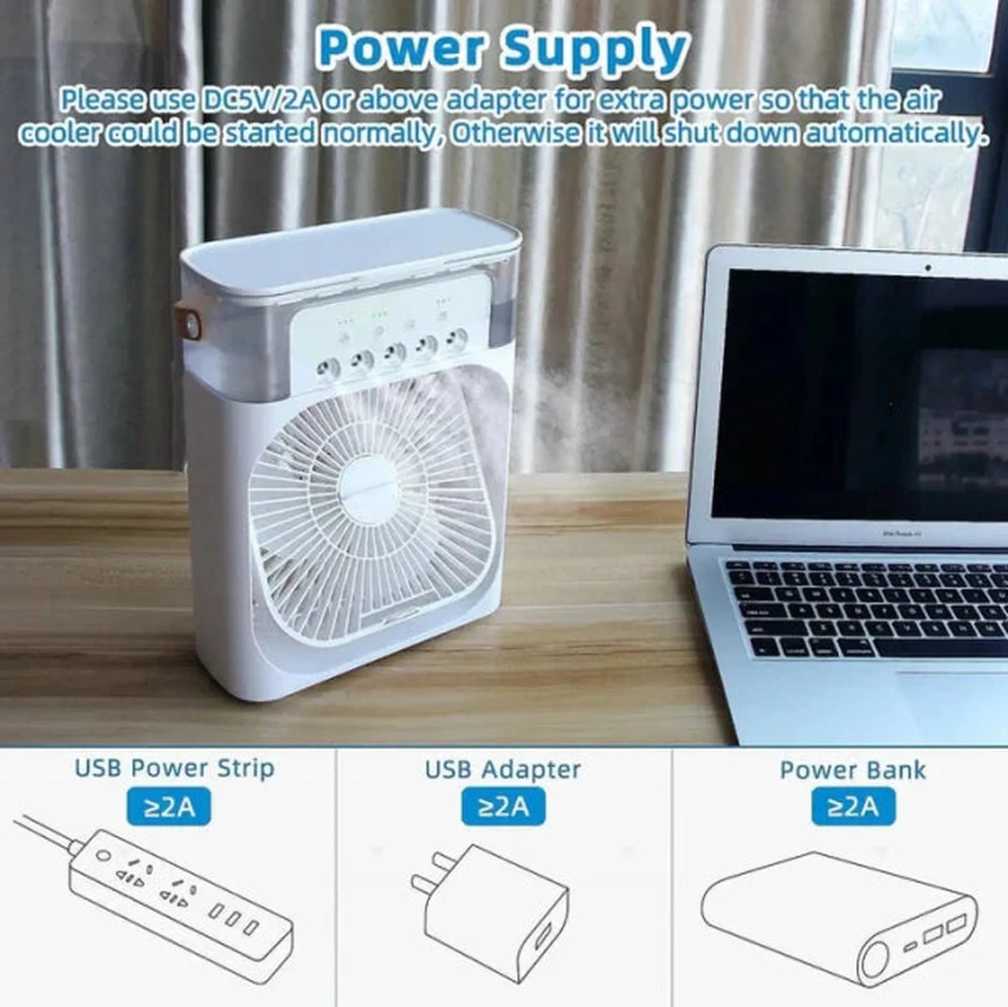 Portable USB Air Conditioner Fan with LED Night Light, Fine Mist, & Humidifier