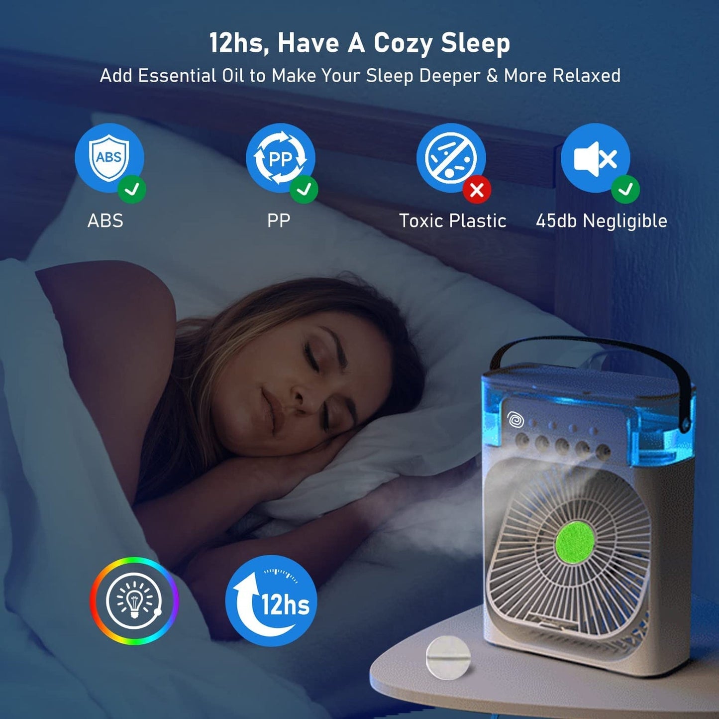 Portable USB Air Conditioner Fan with LED Night Light, Fine Mist, & Humidifier